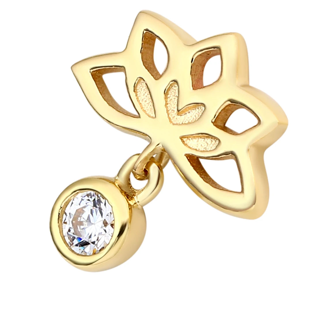 Eternal Metal 14K Solid Gold Lotus Shape Round CZ Bezel Setting Dangle Ear&Belly Piercing Tragus  Internally Threaded Ends To