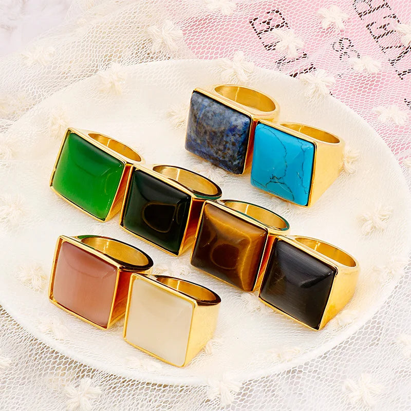 Tarnish Free Chunky Gemstone Rings PVD Gold Plated Stainless Steel Natural Stone Ring for Women