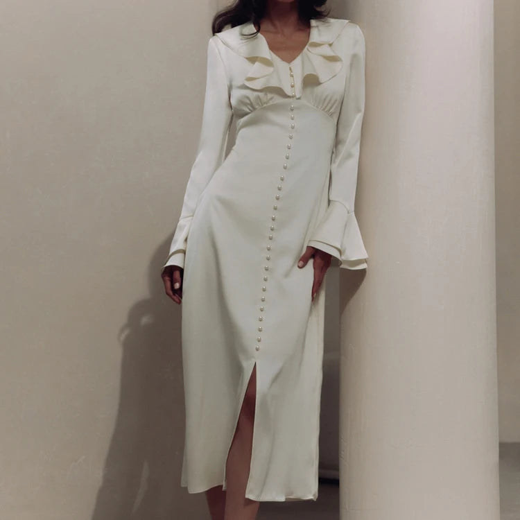 New Arrival 2024 Buttoned Flared Long Sleeve Ruffle Midi Casual Women's Clothing White Modest Dress Dresses Women Lady Elegan