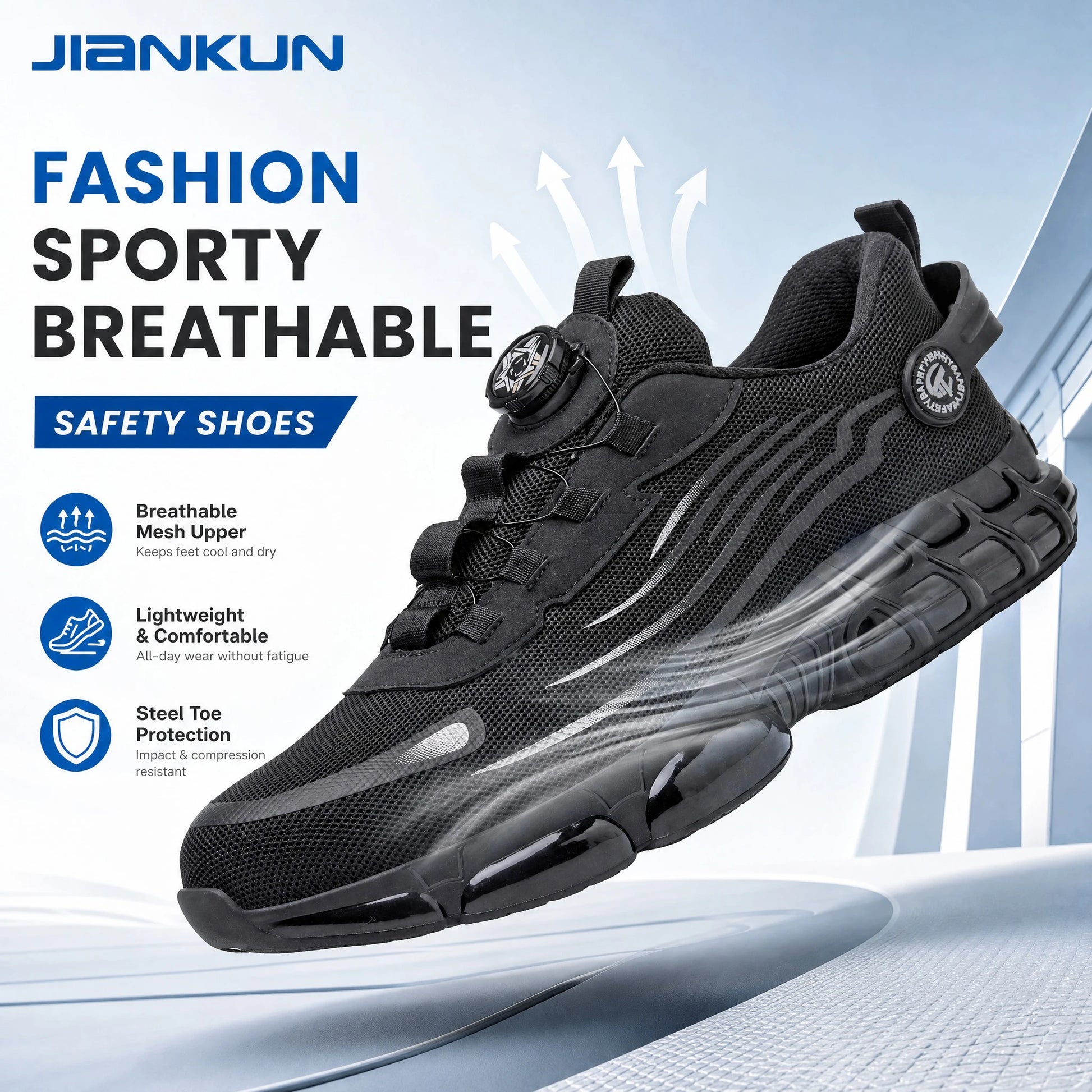 Automatic Button Flying Knit Upper Composite Steel Toe Covers Sneaker Non-Slip Anti-Smashing Anti-Puncture Men Work Safety Sh