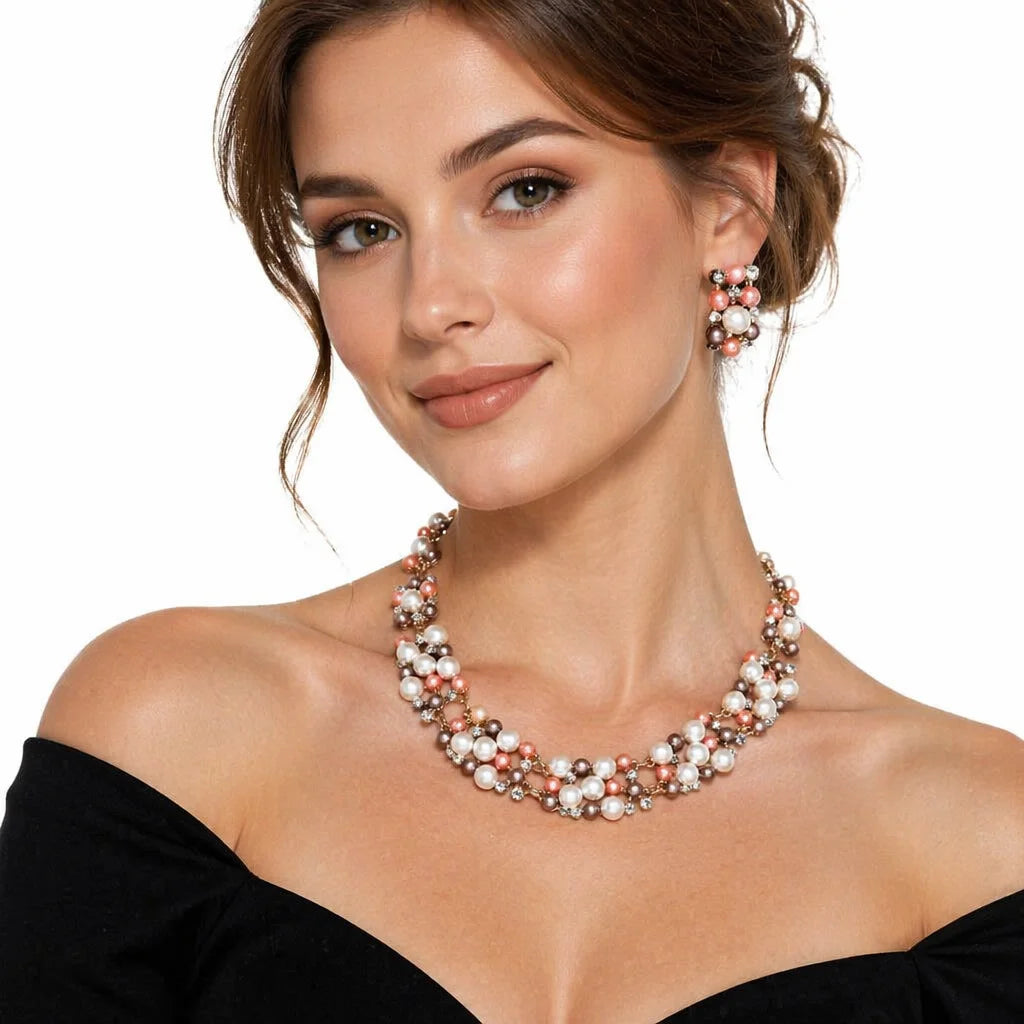 Women's Christian Quartz Pearl Indian Earrings and Necklace Set with Rose Gold Plating for Wedding and Party Occasions