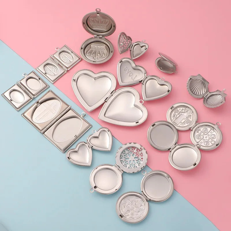 Children's Stainless Steel Heart Circular Square Photo Box Lockets Personalized Storage Photo Pendant Necklace with Charm Pha
