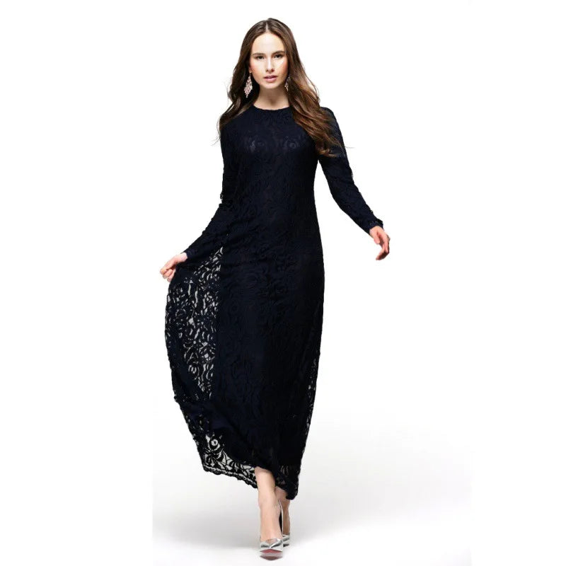 Dubai UAE French American UK Plain Color Full Lace Polyester Modest Clothing Muslim Party Dress for Women