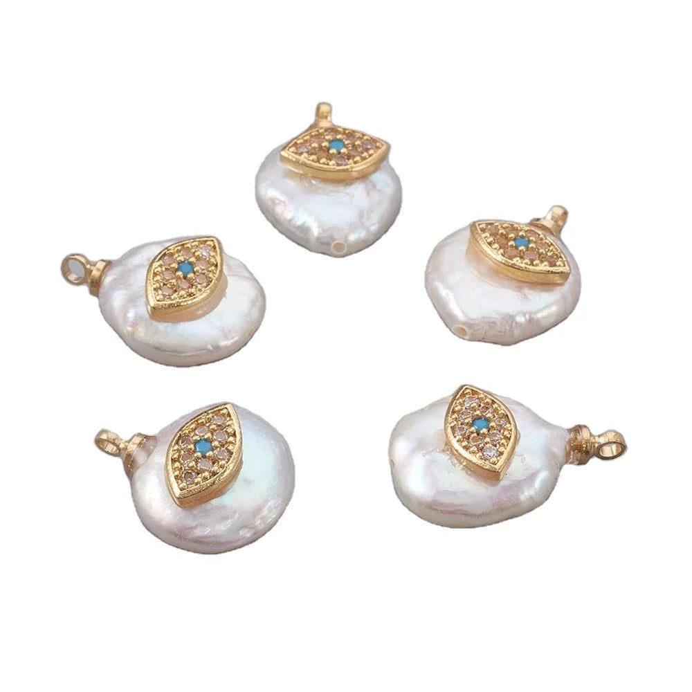 PandaHall 10 Pcs Summer Theme Real Gold Plated Fine Pendants Eye Cubic Zircon Natural Pearl Pendant