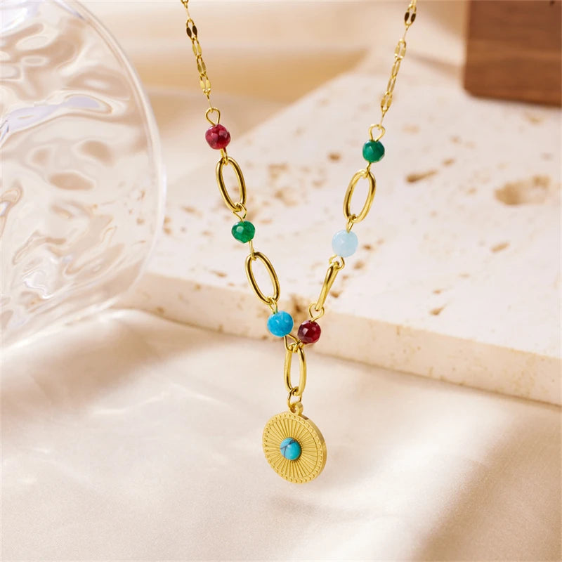 2024 Trending Jewelry Stainless Steel Natural Stones Chain Necklace Gold 18K for Women