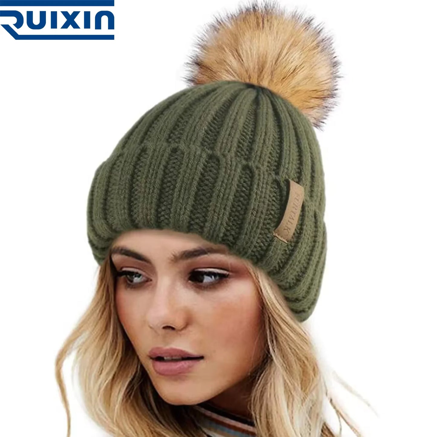 Women's Fleece Hat Fur Pom Custom Logo Hat Slouchy Winter Knitted Hat Pompom Beanie Green Toque With PU Label