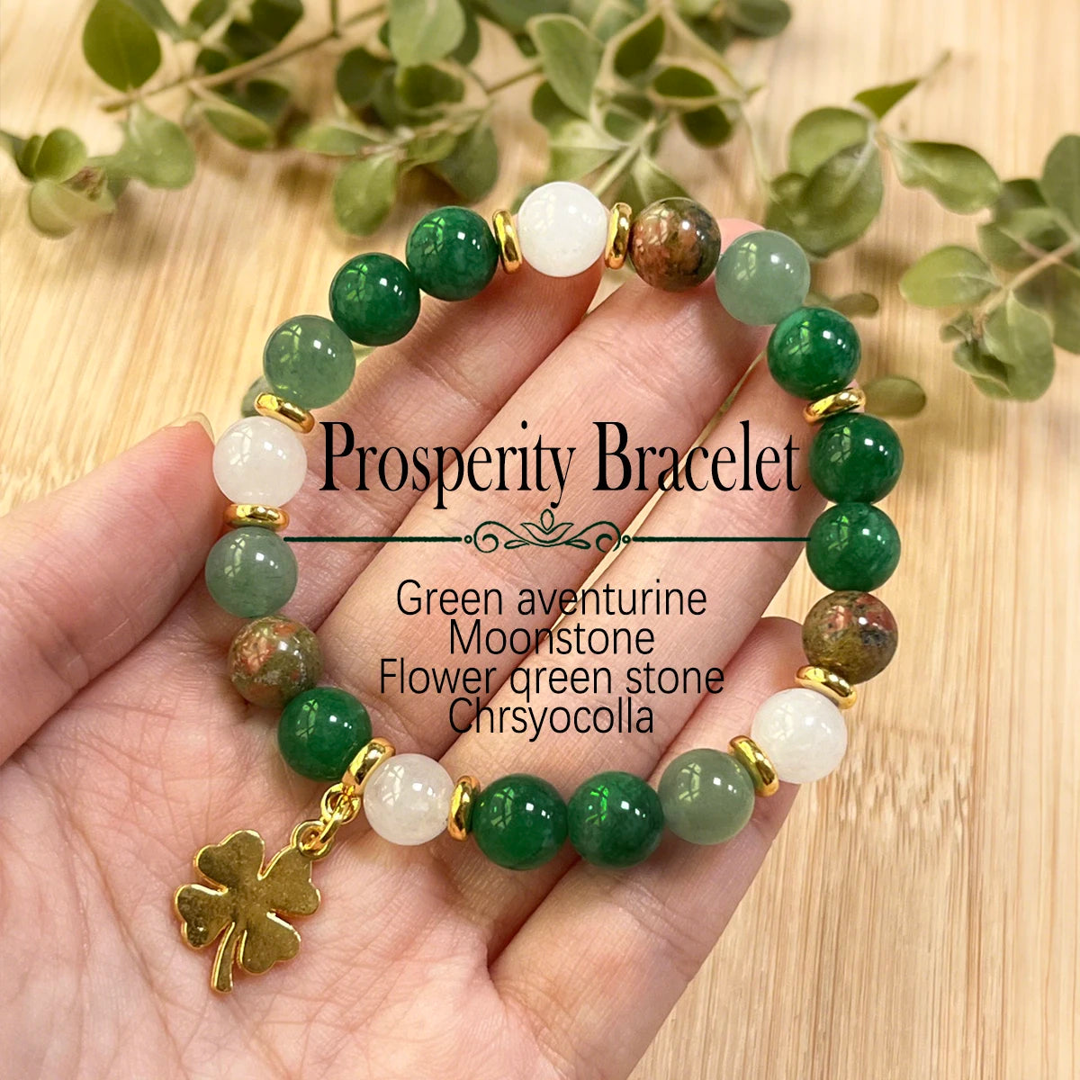 St. Patrick's Day 8mm Natural Green Aventurine Gold Plated Lucky Four Leaf Clover Bead Stretch Bracelet for Women
