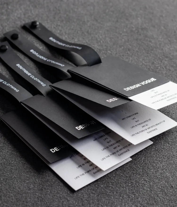 Custom Recycled Black Paper Hand Tags Embossed Swing Label Garment Hangtags for Clothing Shoes and Bags
