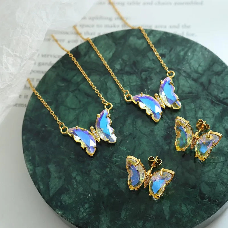 Fashion New Butterfly Brass Necklace Earrings Set Ins Style 18k Gold Plated Necklace Earrings Women's Jewelry Set