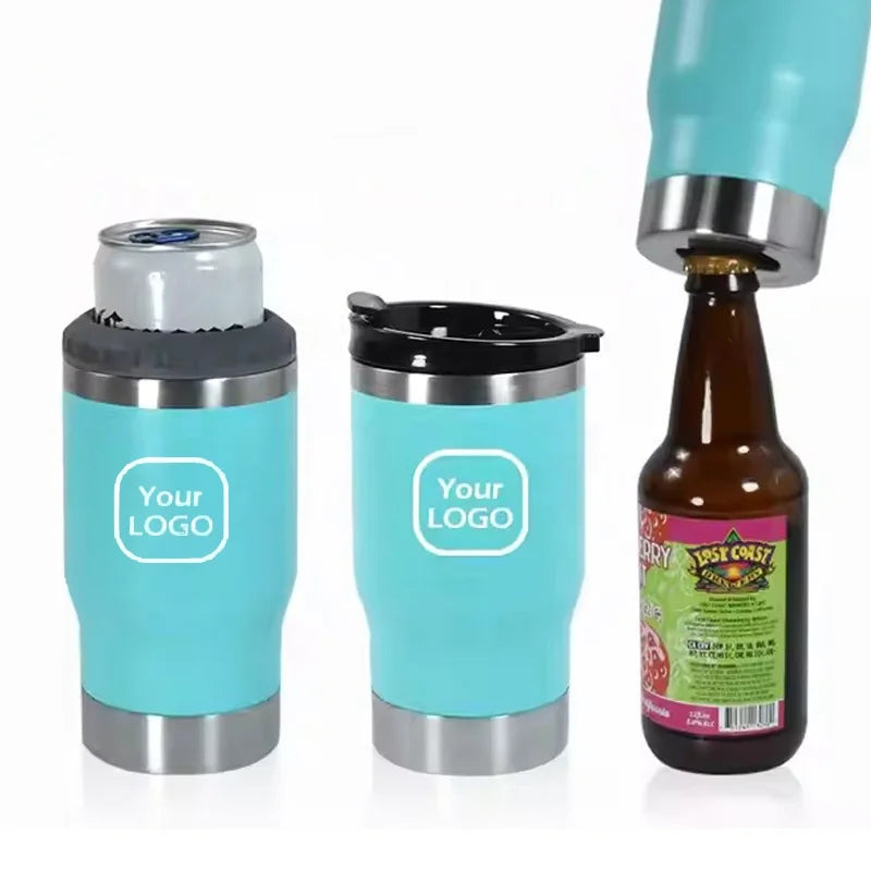Vacuum Insulated Slim Can Cooler 14 OZ Beer Coozies Stainless Steel Double-Walled Plastic Lid Can Holder Opener Corkscrew