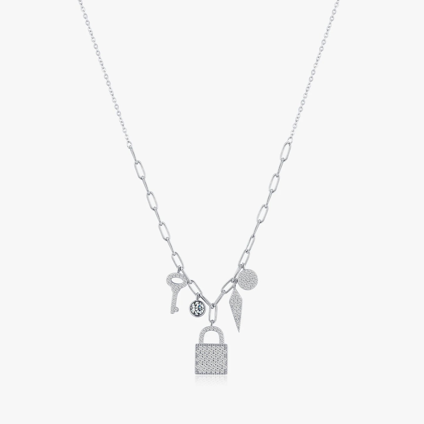 Pure 925 Sterling Silver Fashion Charm Necklace for Women Key Lock Geometric Pendant Necklace Wedding Engagement Jewelry