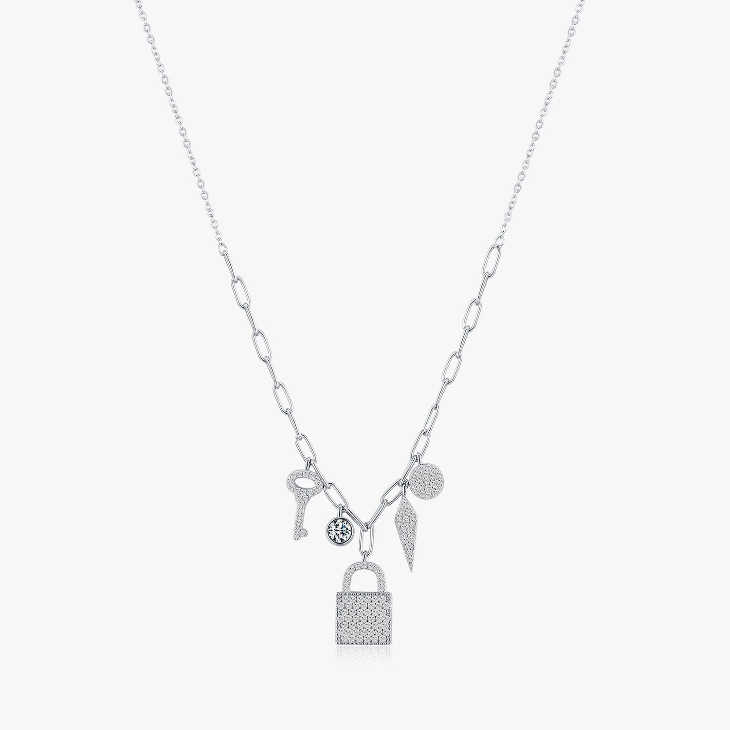 Pure 925 Sterling Silver Fashion Charm Necklace for Women Key Lock Geometric Pendant Necklace Wedding Engagement Jewelry