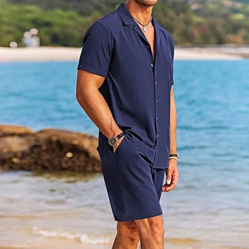 Hot Sale  Men's 2 Pieces Shirt Set Short Sleeve Button Down Casual Hippie Holiday Beach T-Shirts Shorts Outfits Shorts Set