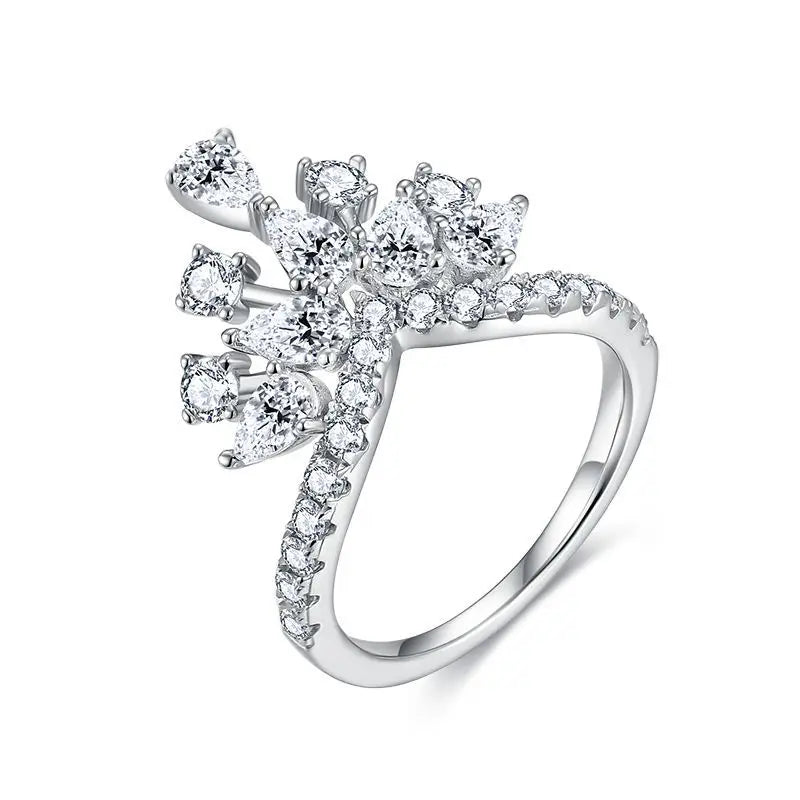 Luxury Women's 925 Silver Crown Ring with Water Drop Moissanite Rhodium Plated Gemstone Stackable Rings New Arrival