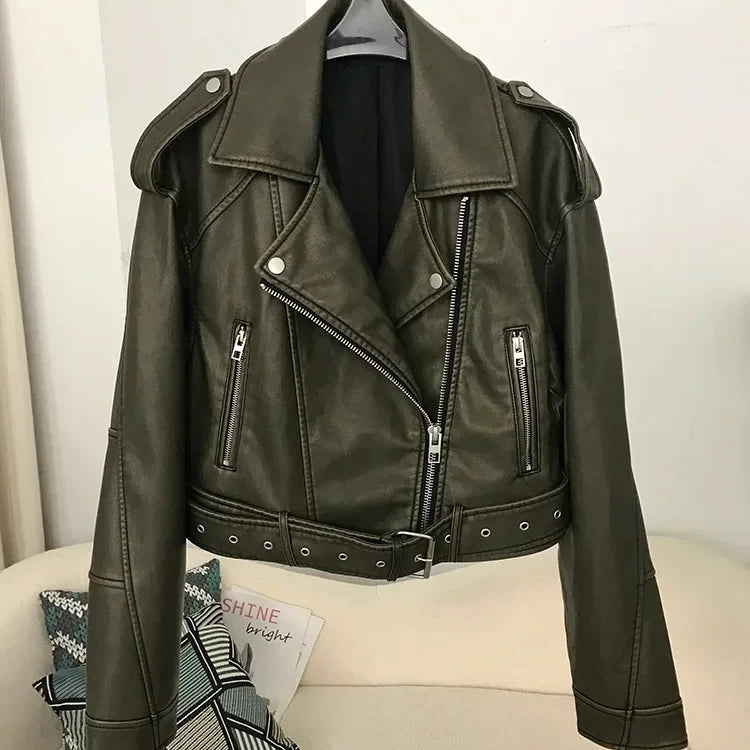 2024 Versatile Luxury Faux Leather Short Motorcycle Jacket for Women New Fashion Spring Autumn Streetwear Top Zipper Closure 