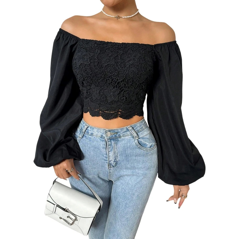 Women's Spliced Lace Off Shoulder Lantern Sleeve Blouse Elegant Long Sleeve Slim Fit Crop Top