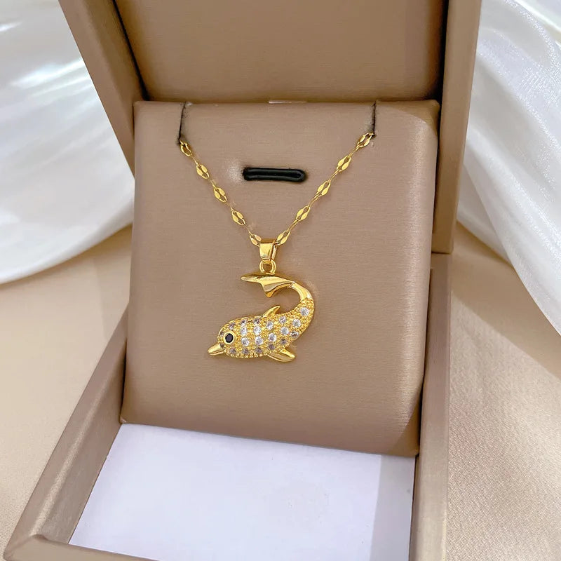 Light Luxury Titanium Steel Full Diamond Dolphin Animal Zircon Pendant Necklace Choker for Women Stainless Steel Jewelry Char