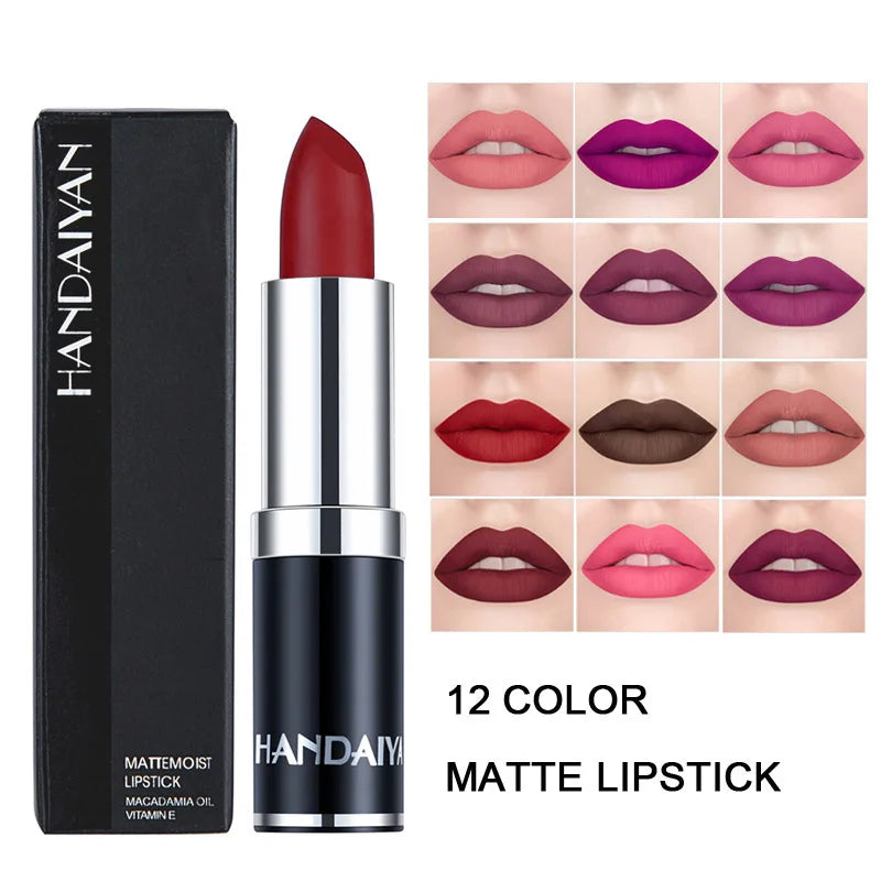 Handaian 12-Color Matte Lipstick Long-Lasting Moisturizing Velvet Lip Stick Mineral and Chemical Ingredient Makeup