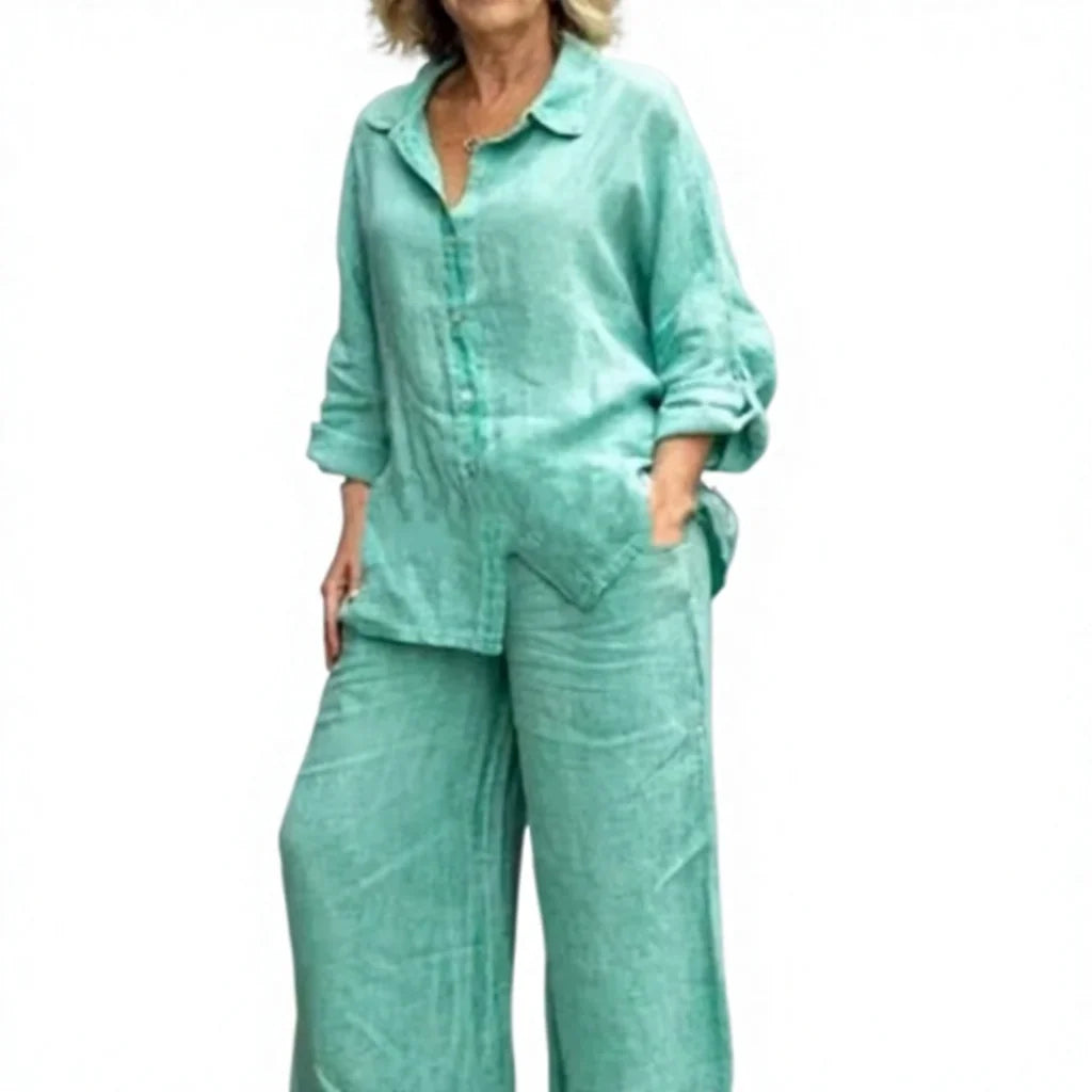 Fashion Women Clothes Ladies Street Wear Button Long Sleeve Shirt + Long Pant 2 Piece Set Cotton All Matching Casual Suits