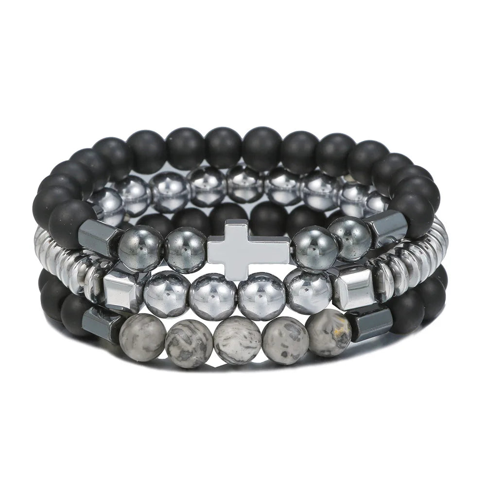 New Men's and Women's Beaded Bracelet Set Map Stone Black Gallstone Cross Bracelet Elastic Bracelet Combination