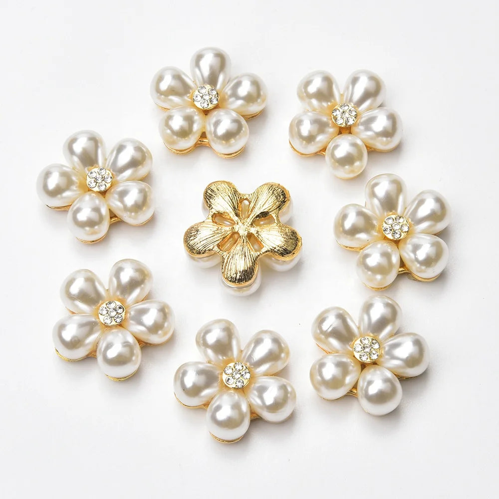 20mm Flat Back Pearl Flower Rhinestone Buttons Gold Base Crystal Charms Embellishments Diy Jewelry Wedding Accessories