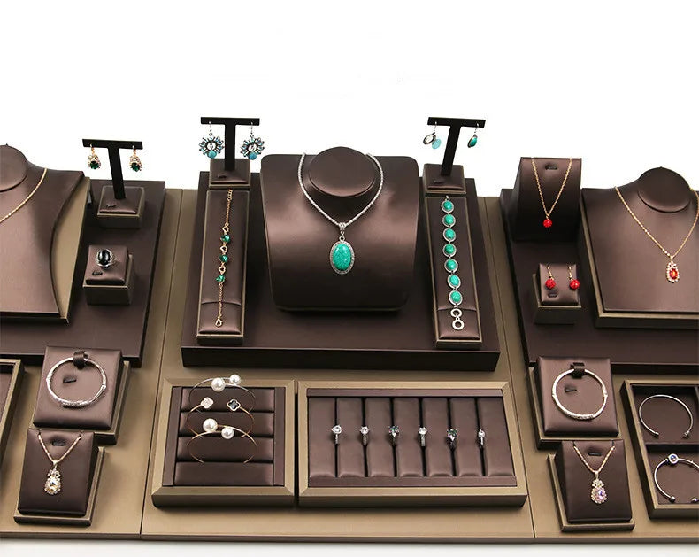 Jewelry Stand Display Props for Ring Necklace Earrings Set PU Leather Dark Brown Jewellery Stand Bust Display