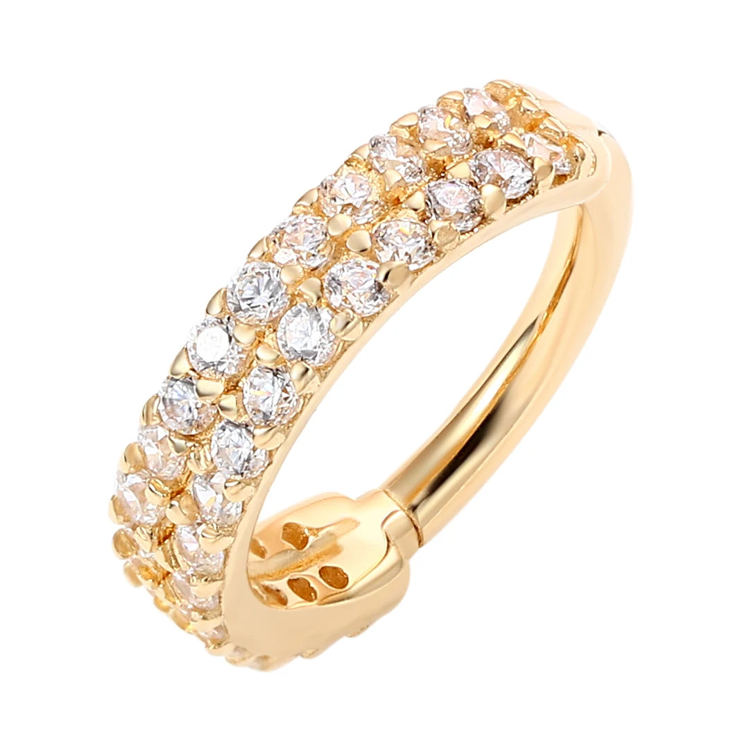 Eternal Metal 14K Solid Gold Classic Double-Row Layer Paved CZ Hinged Segment Stud Nose Ear Piercing Wedding Engagement Gift