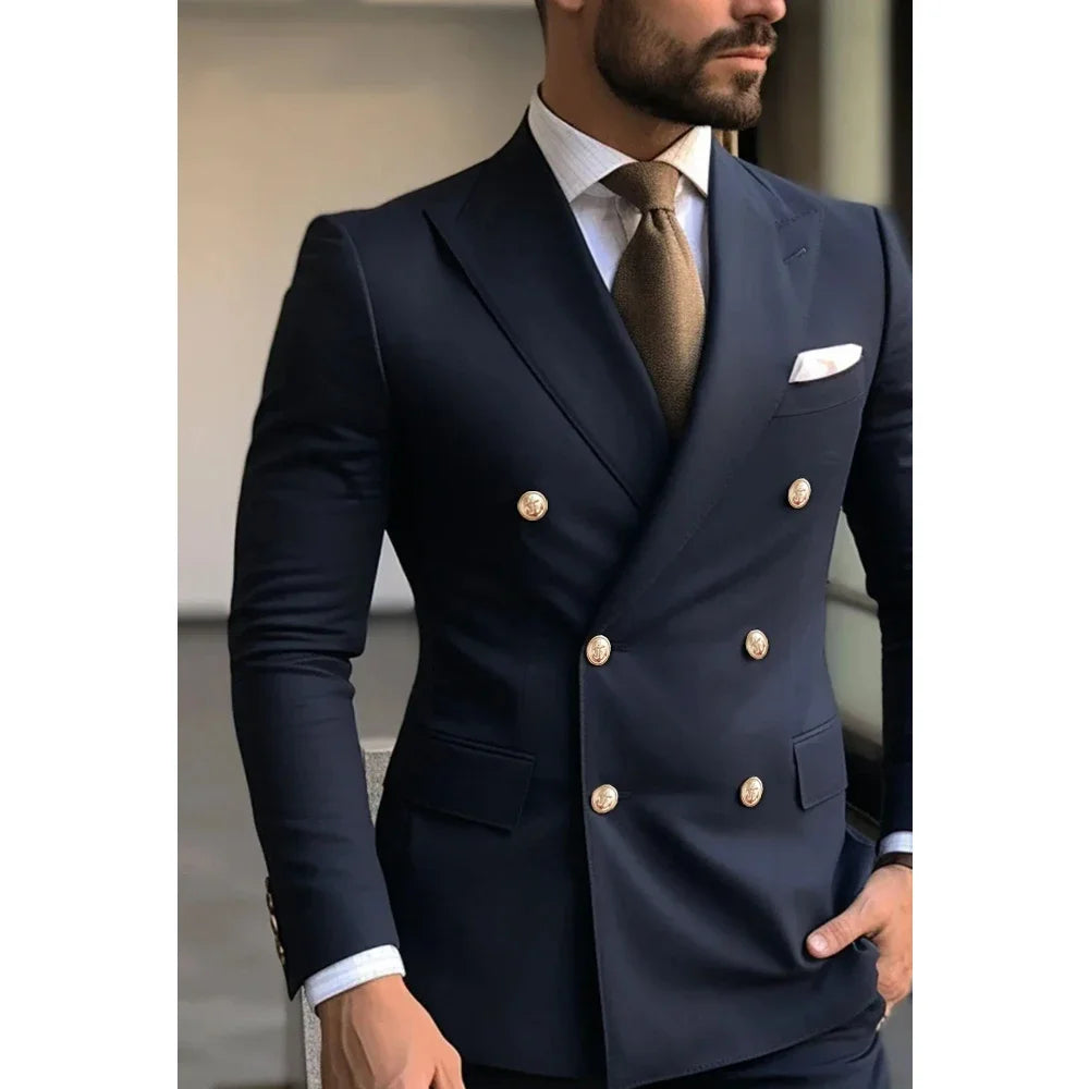 Fashion Men's Suits Navy Blue Peaked Lapel Double Breasted Groom Full Set 2 Piece Jacket Pants Skinny Costume Homme Terno