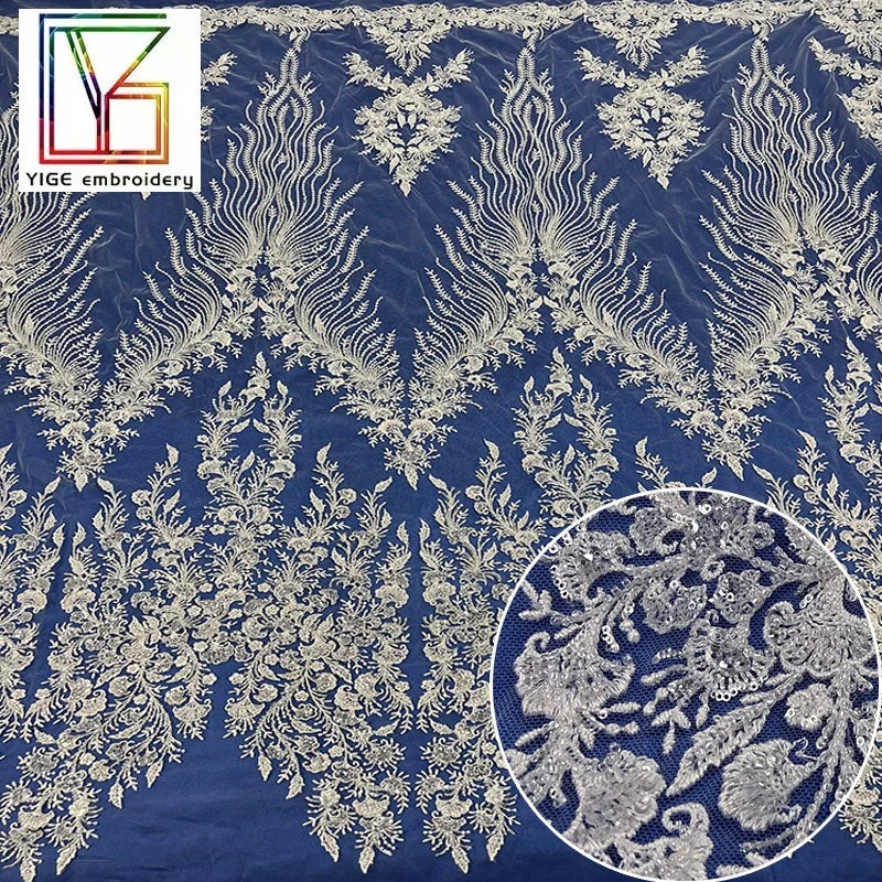 New Design White Beaded Sequins Embroidery Mesh Lace Fabric High Quality French Wedding Bridal Dress Beads Tulle Lace Fabric