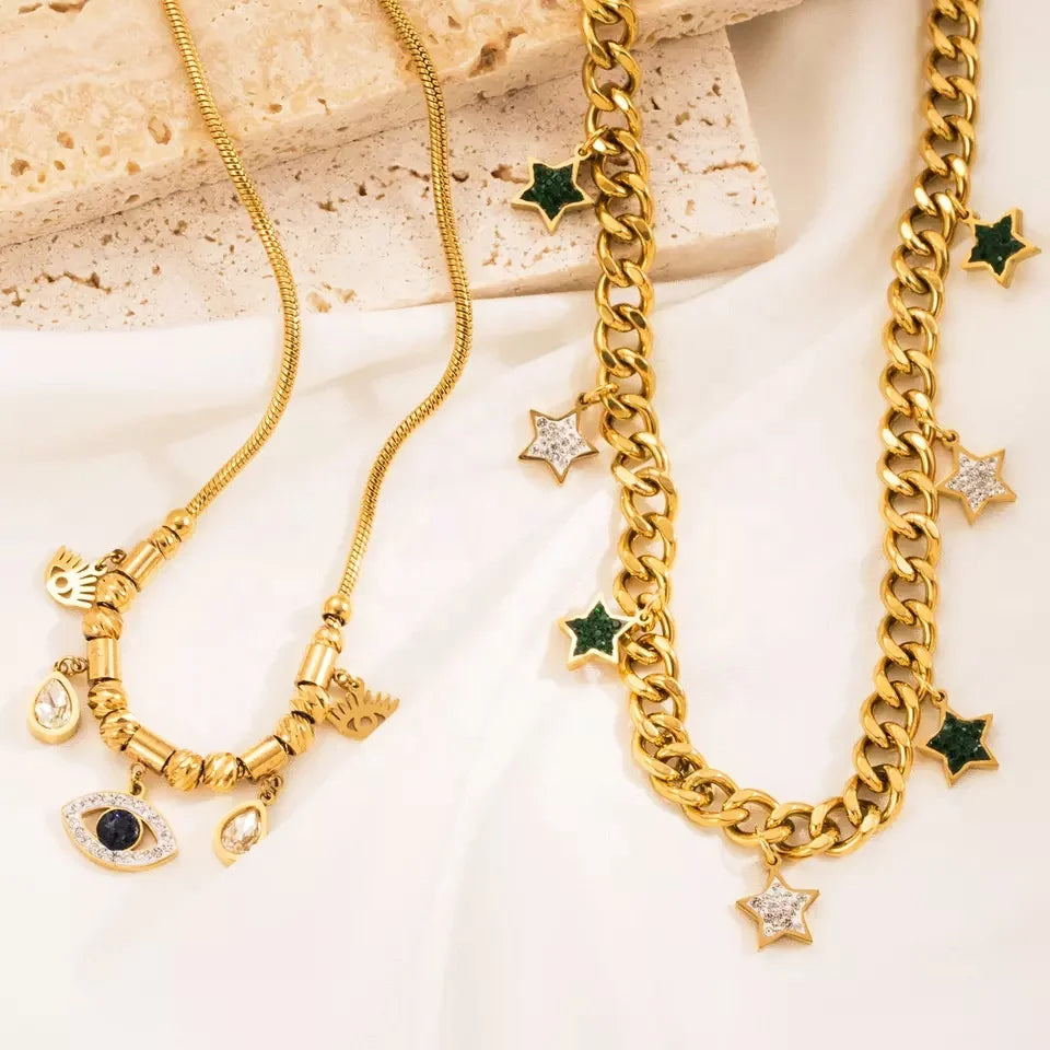 Vintage Stainless Steel 18K Gold Plated Chain Eye Star Charm Necklace for Women Jewelry Sweater Chain