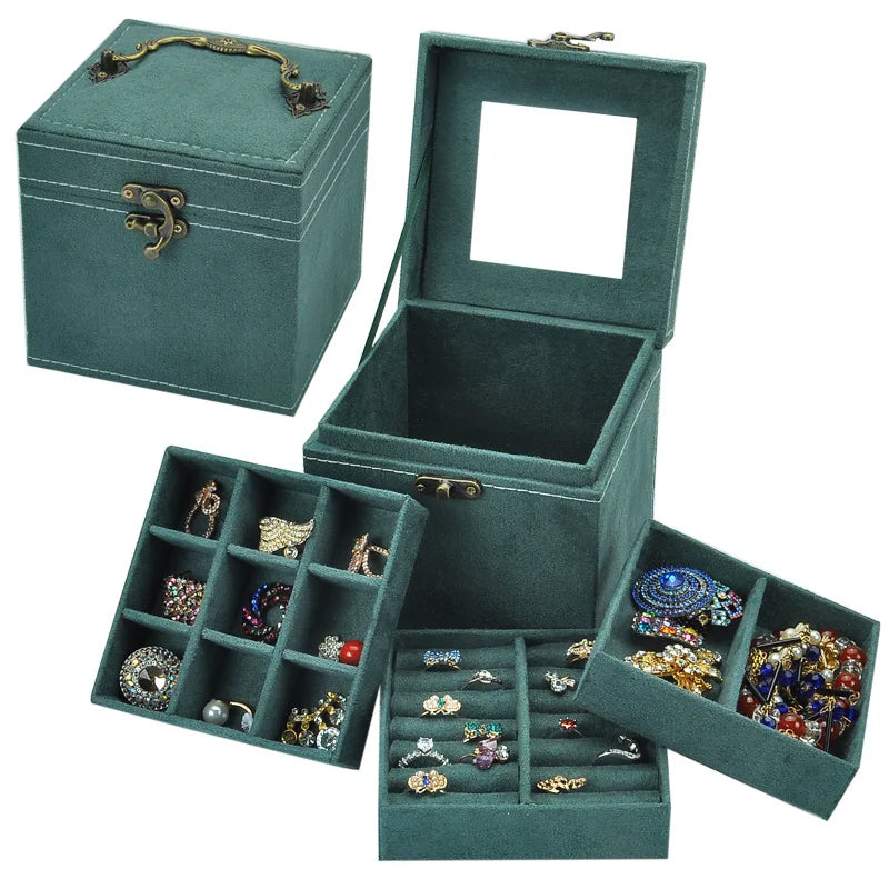 Minglu Flannelette Jewelry Box Multi-Color Option Small Portable Velvet Jewelry Case with Inner 3 Layers & Outside Metal Lock