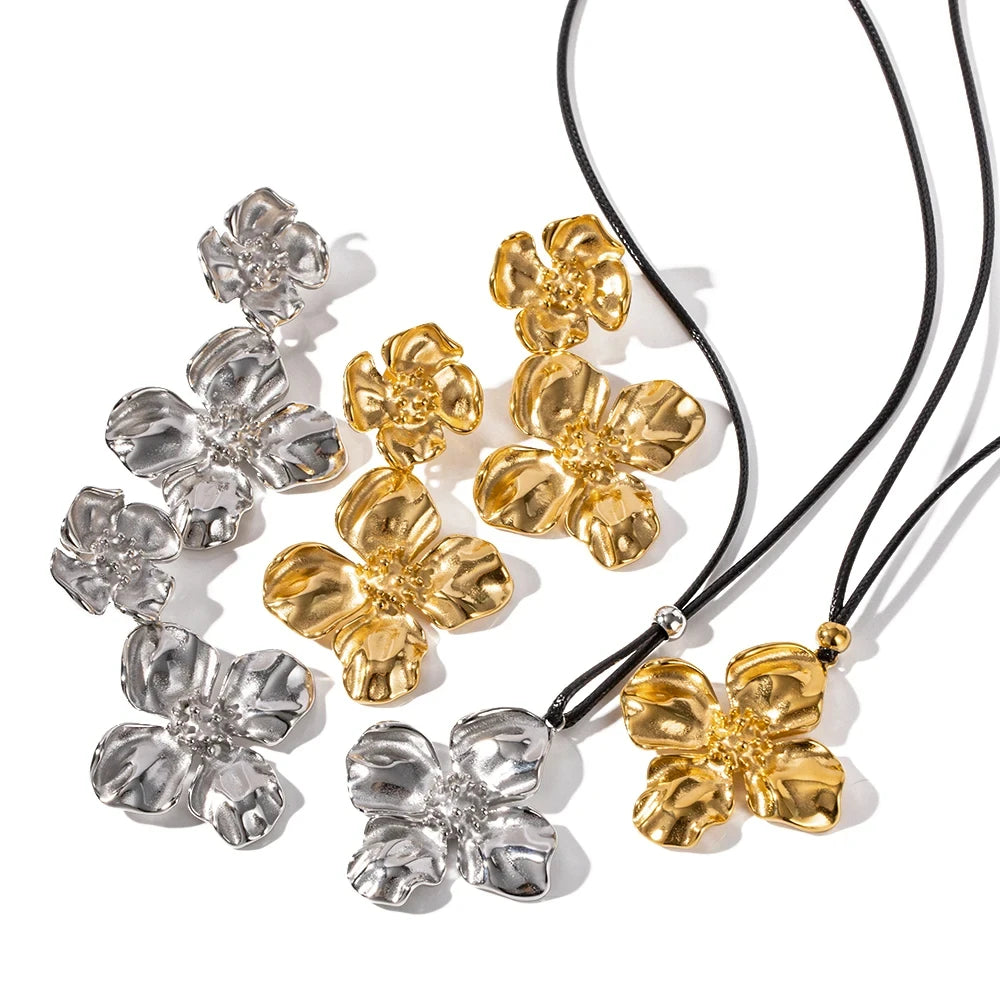 Fashion Black String Petal Flower Pendant Earring Necklace Non Tarnish 18K Gold Plated Stainless Steel Jewelry Set for Women