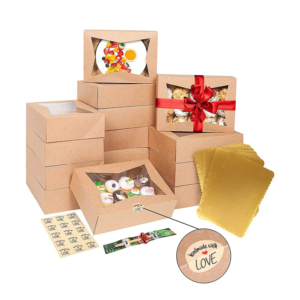 High Quality Large Capacity Eco-friendly Kraft Paper Box Transparent Window Food Packaging Cake Baking Catering Logo