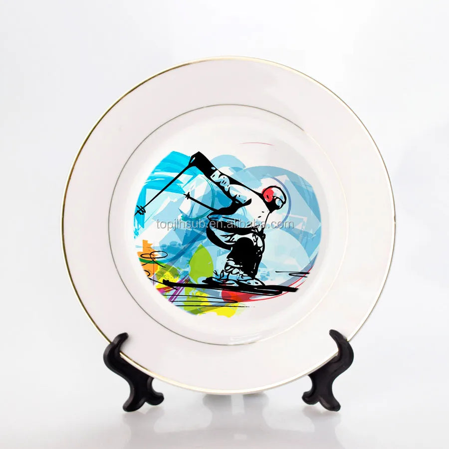 Topjlh Custom Sublimation Plate Round Gold Rim Porcelain Dinner Plate Dish White Sublimation Blank Ceramic Plate for Heat Pre