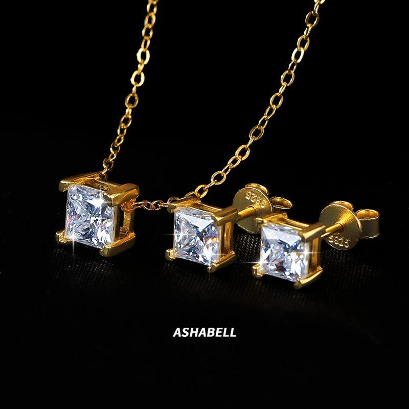 Wholesale square S925 Sterling Silver Plated 18K Gold Moissanite Princess Cut 1CT 2CT Earrings Necklace for Women
