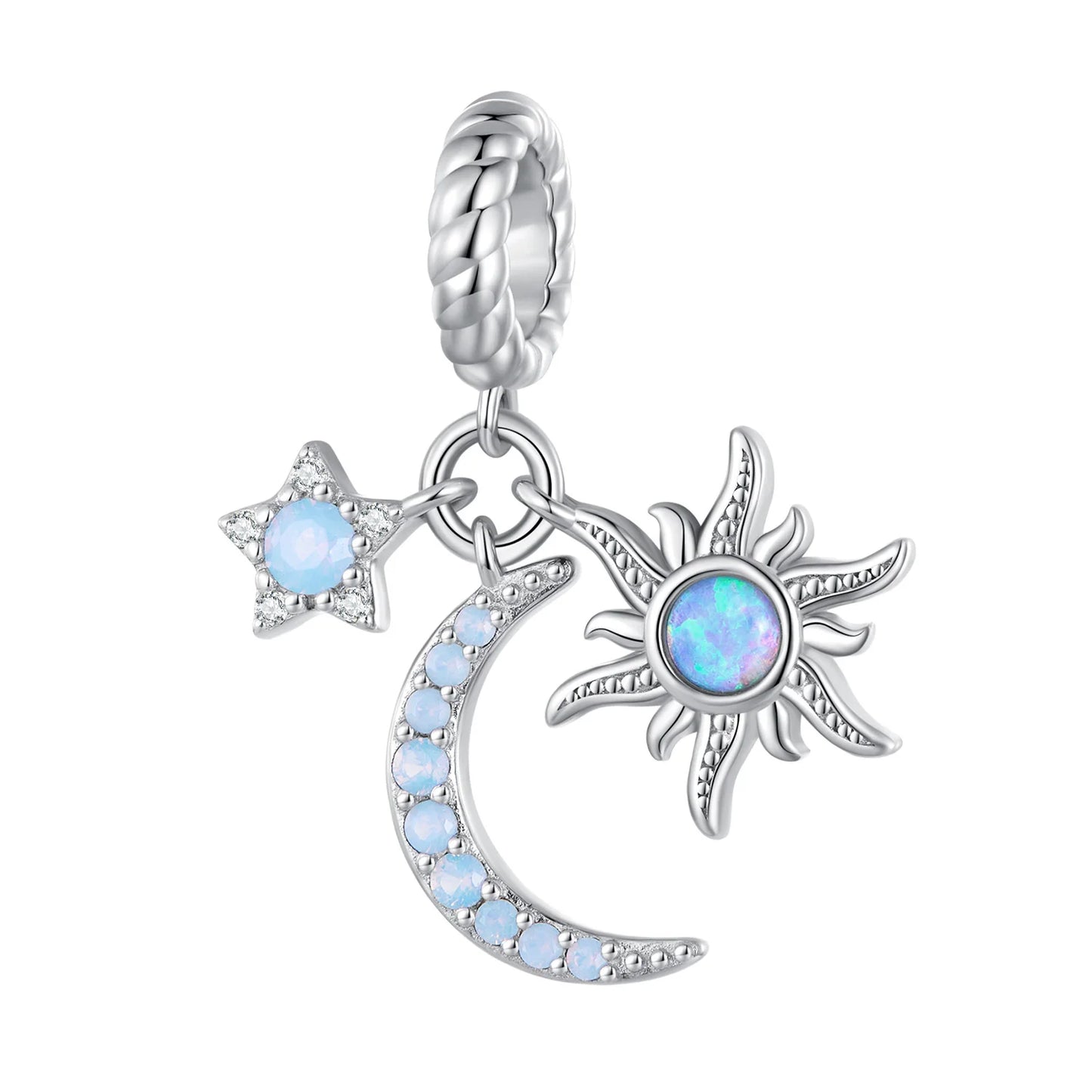 Factory 925 Sterling Silver Blue Zircon Moon Star and Sun Hanging Beads Crescent Charms for Women Bracelet Necklace DIY BSC77