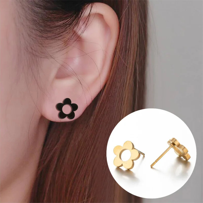SC Hot Sale Fashion Stainless Steel Earrings Korean Gold Silver Plated Earrings Cute Flower Stud Earrings for Teen Girls