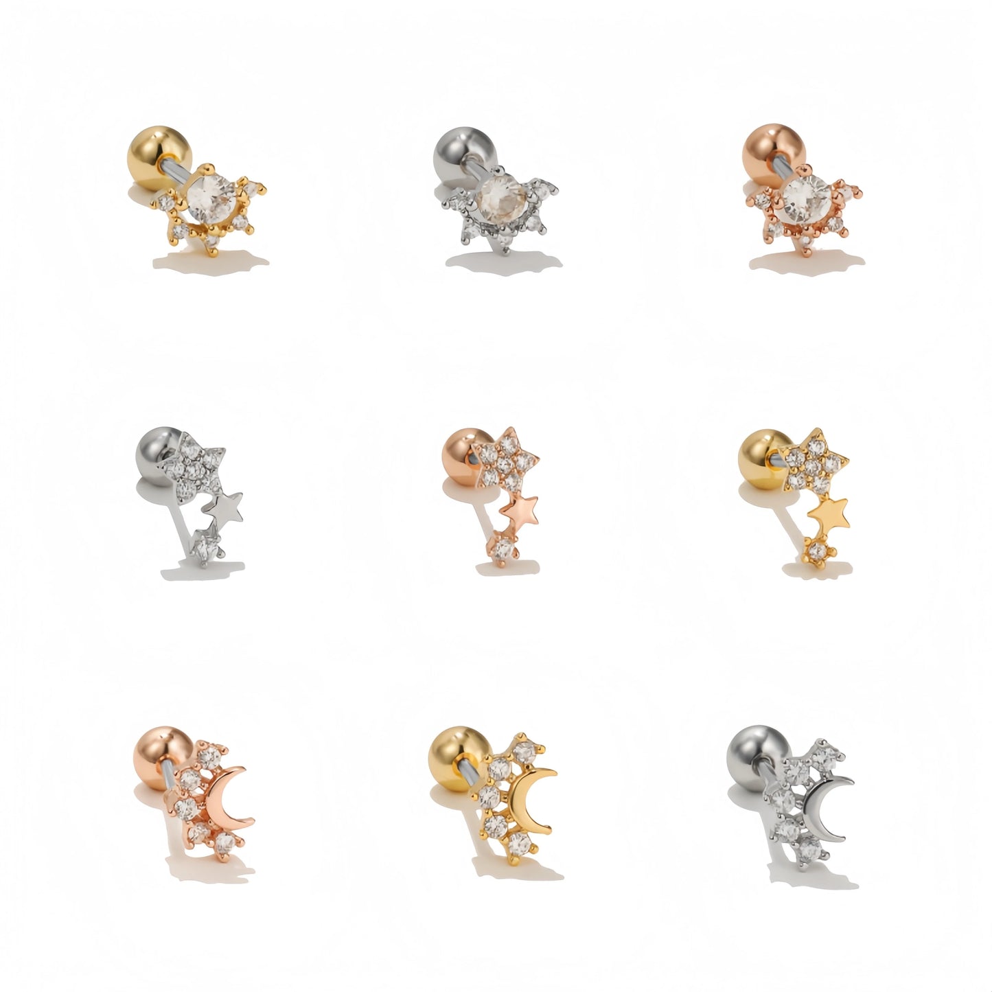 Ins Wind Women 20g Stainless Steel Rod Small Ear Bone Nails Micro-inset Zircon Star Moon Piercing Jewelry Girls Earring Studs