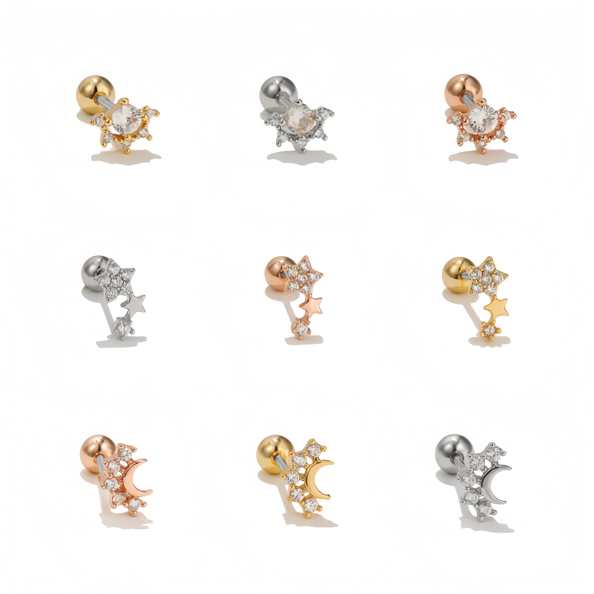 Ins Wind Women 20g Stainless Steel Rod Small Ear Bone Nails Micro-inset Zircon Star Moon Piercing Jewelry Girls Earring Studs