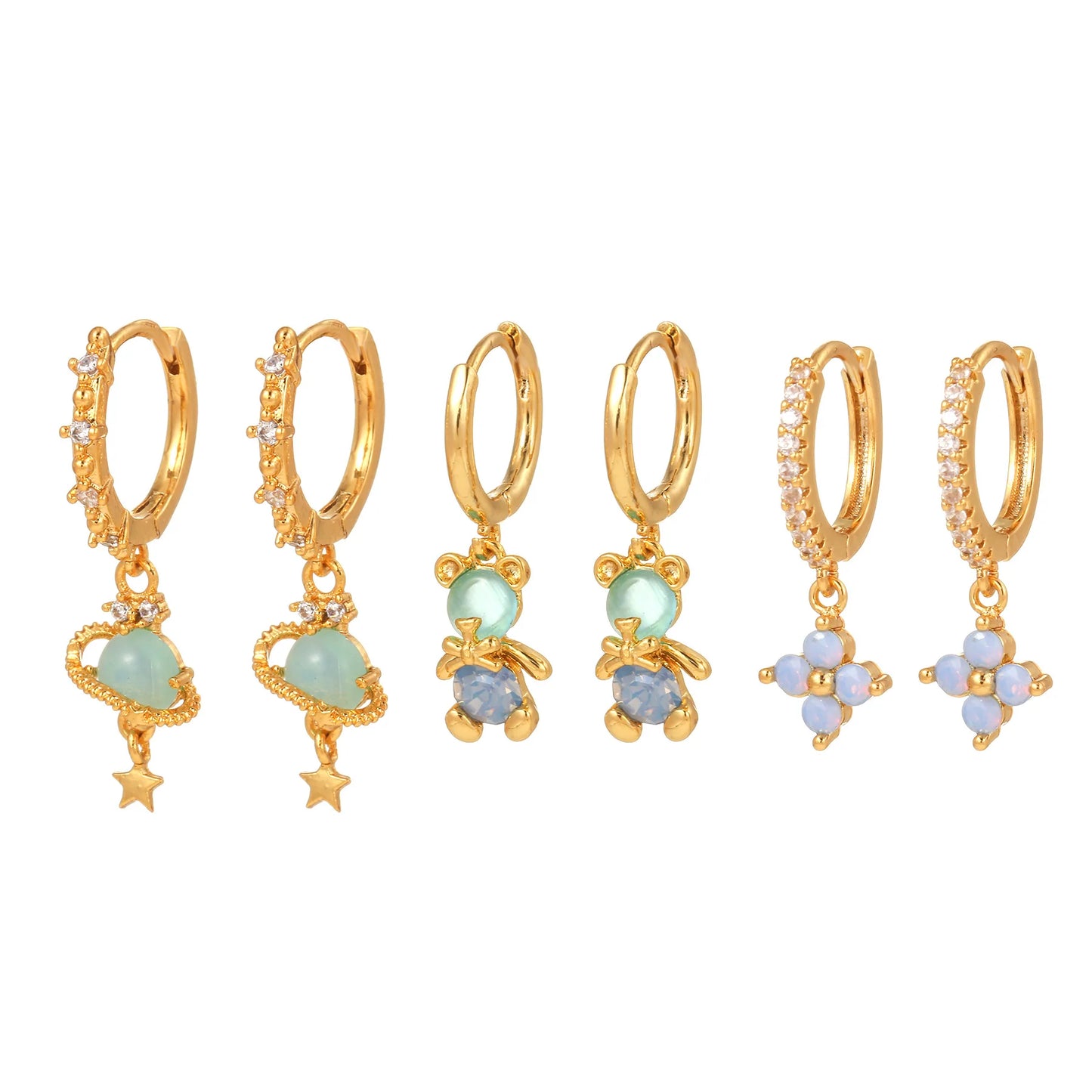Hot Bear Flower Huggie Earrings Hoop Set Jewelry Wholesale Korean Copper Zircon Women Girls 18K Gold Plated Drop Cuff Earring