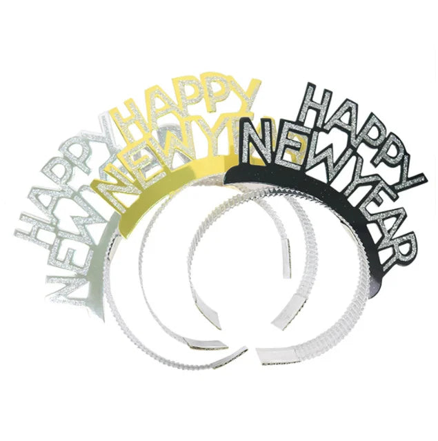 Glitter Happy New Year Tiara Headdress Headband Photo Props Merry Christmas 2026 New Year Eve Holiday Party Decor Paper
