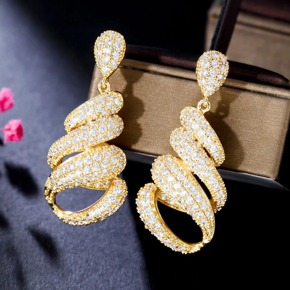 African Gold Plated Big Cubic Zircon Crystal Bridal Oversized Statement Earrings Wedding Jewelry for Nigeria Brides Bridesmai