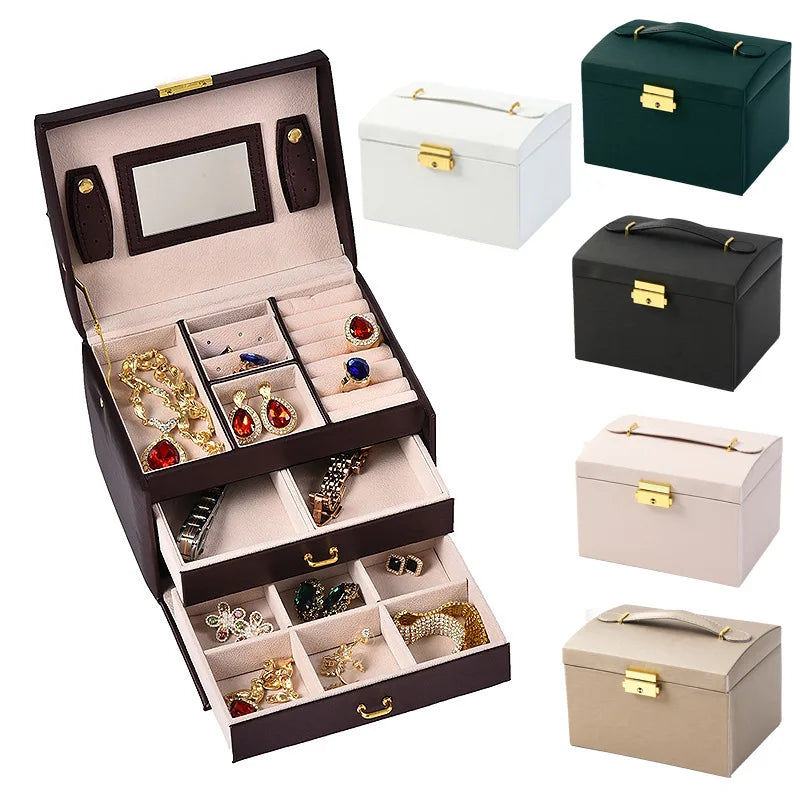Luxury Handle Storage PU Leather Travel Jewelry Case Ring Earring Necklace Bracelet Package Box Gift Organizer Customizable