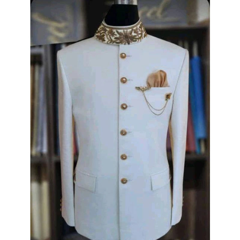 Stand Collar White Gold Embroidery Men's Suits Wedding Tuxedo 2 Pcs Set Jacket Pant  Male Formal Performance Suits for Men