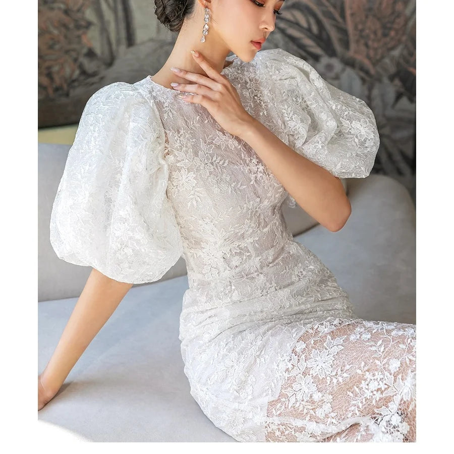 White Floor-Length Natural Lace Bead Embroidered Elegant Vintage Washable Casual Summer New Retro Short Sleeve Wrapped Hip Dr