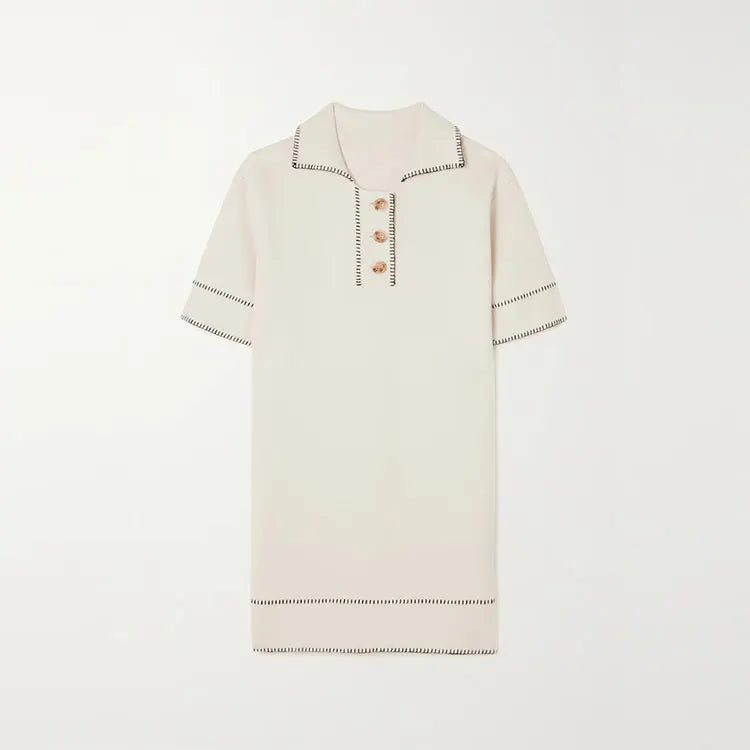 Knitwear Manufacturers Custom Summer Beige Polo Collar Short Sleeve Mini Oversized Sweater Dress Knit Women Casual Dress
