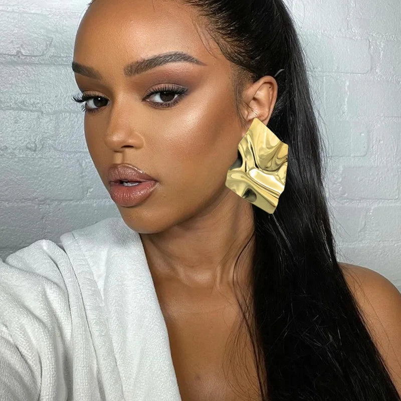 Wholesale African Gold Metal Alloy Irregular Folds Geometric Square Stud Earrings Women Big Statement Earring Jewelry