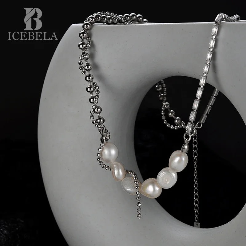 ICEBELA Jewelry Pearl Necklace Fashion Hip-hop Beaded Sweater Chain Accessories 925 Sterling Silver American Simple Natural 5