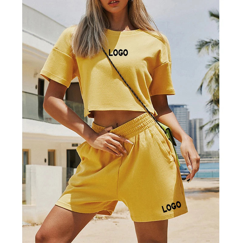 L800868 Custom Summer Cotton Spandex Shorts Set Women Two Pieces Crop T-Shirt Set Fashion New Tops Casual T Shirt and Shorts 