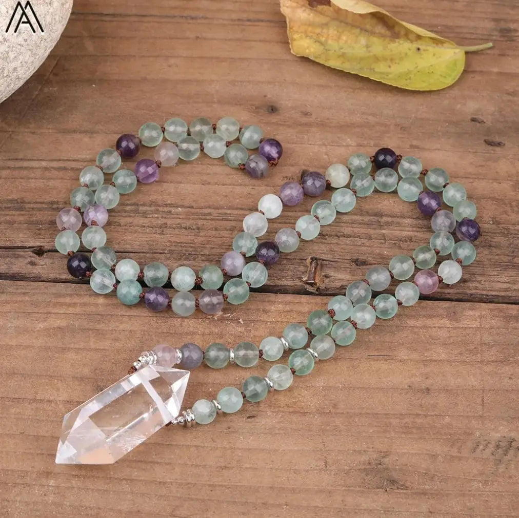 Rainbow Fluorite Mala Necklace Chakra Jewelry  healing Clear Crystal Double Point Pendant Sweater Necklaces